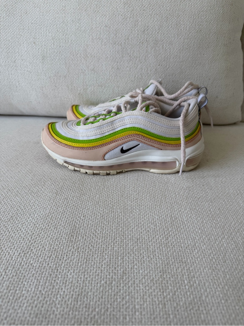 Nike Air Max 97 in Pastel Pink with Green & Yellow Stripes
